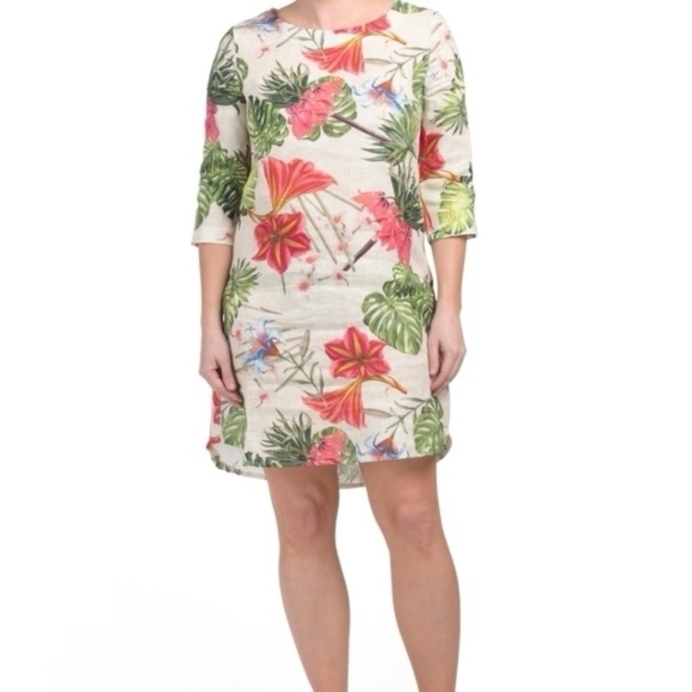 Allegra Masetti NWT 100% Linen Tropical Floral Lightweight Shift Dress 3173